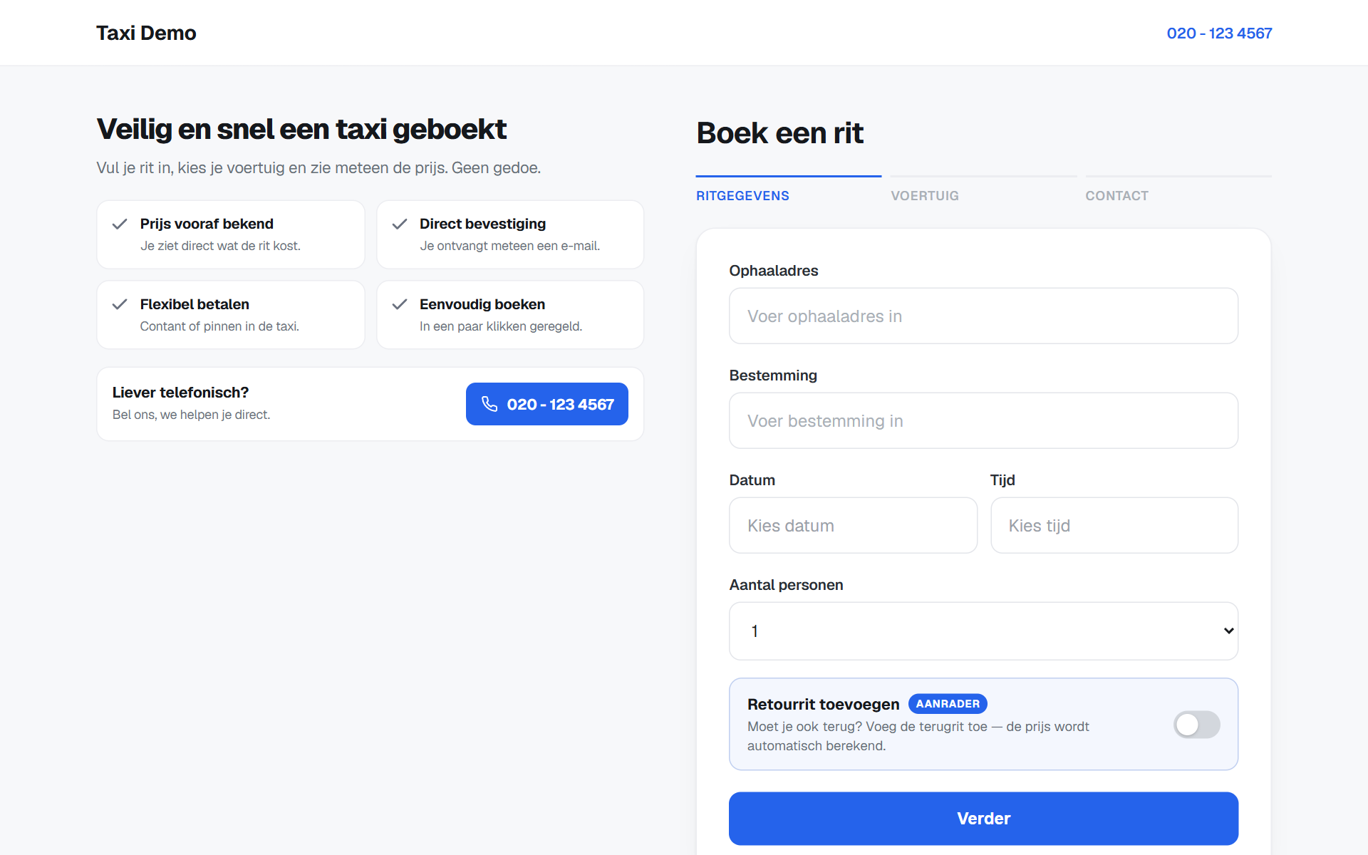De boekingspagina op desktop