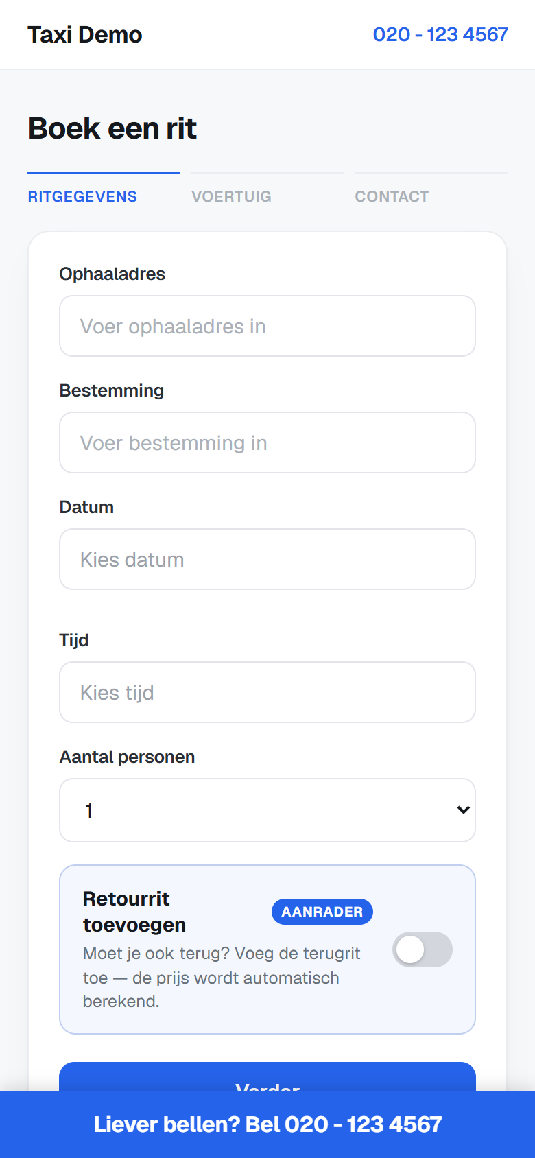 Boekingspagina van een taxibedrijf op mobiel